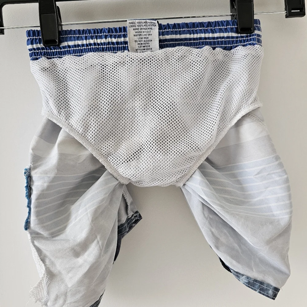 3T Quad Seven blue, gray and white swim trunks Vacation Spring Break beach shore